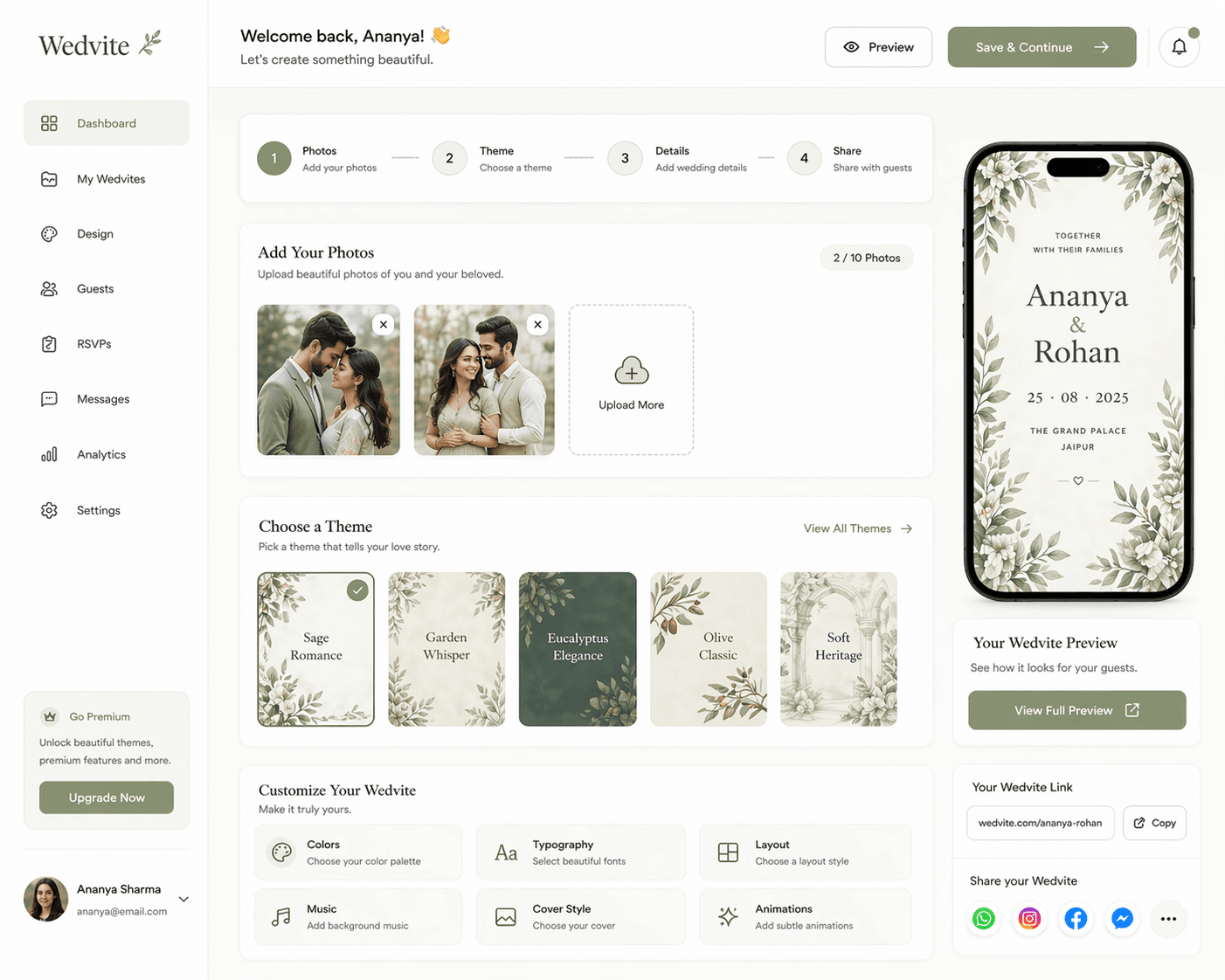 Customize your Invyo with themes, photos, and live preview